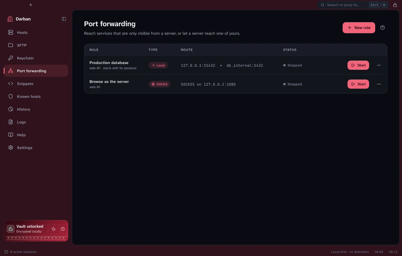 The port forwarding page listing a local rule to a production database and a SOCKS proxy rule, each with a Start button.