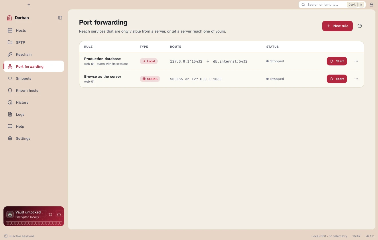The port forwarding page in the light theme.