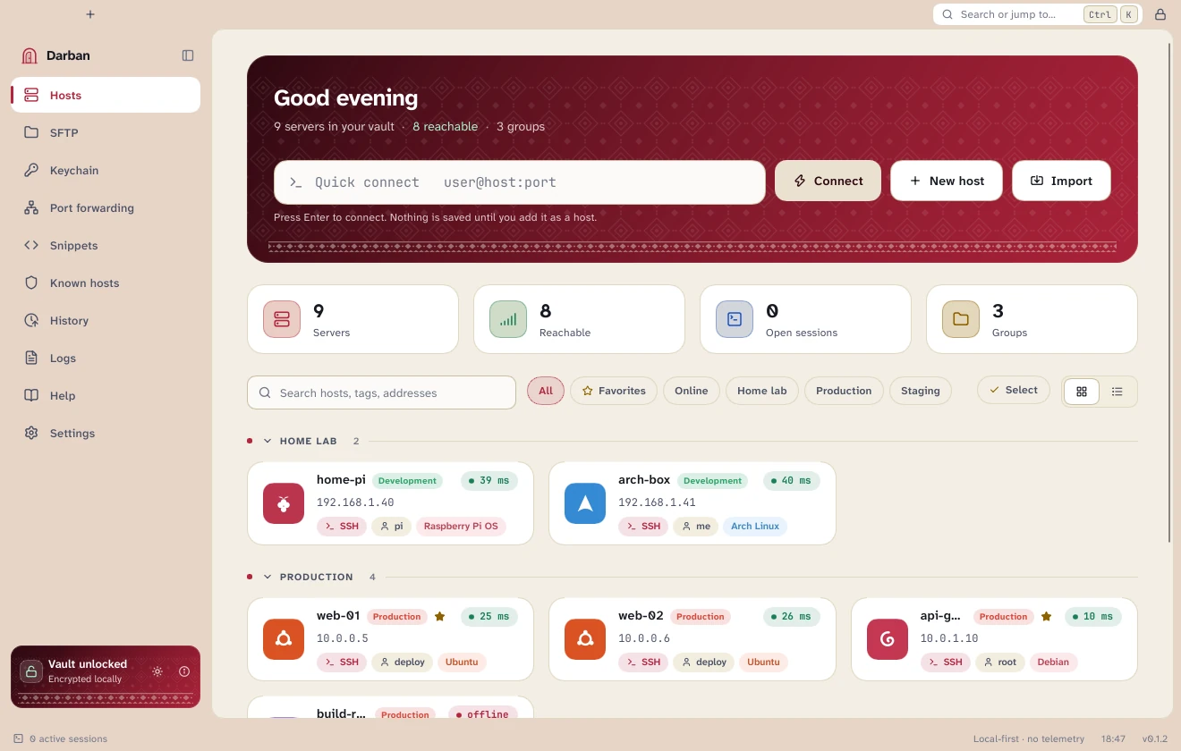 Darban's host list in the light theme.