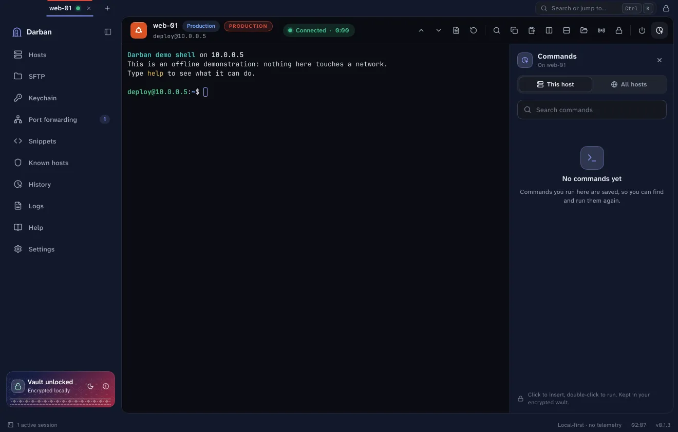 A terminal session to web-01, marked Production, with the session tools above it and the commands panel beside it.