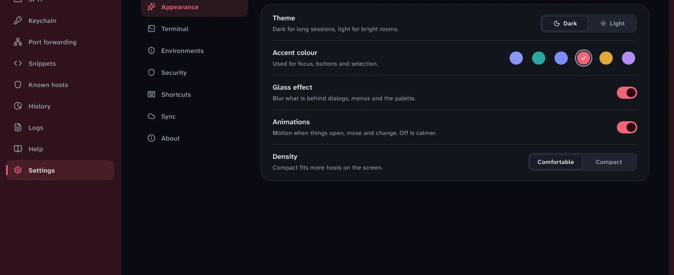 Settings, Appearance: theme, accent colour, glass effect, animations and density.