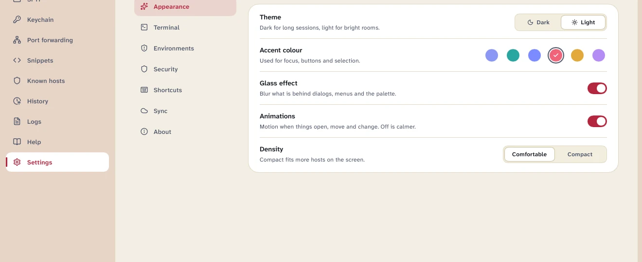 Settings, Appearance, in the light theme.