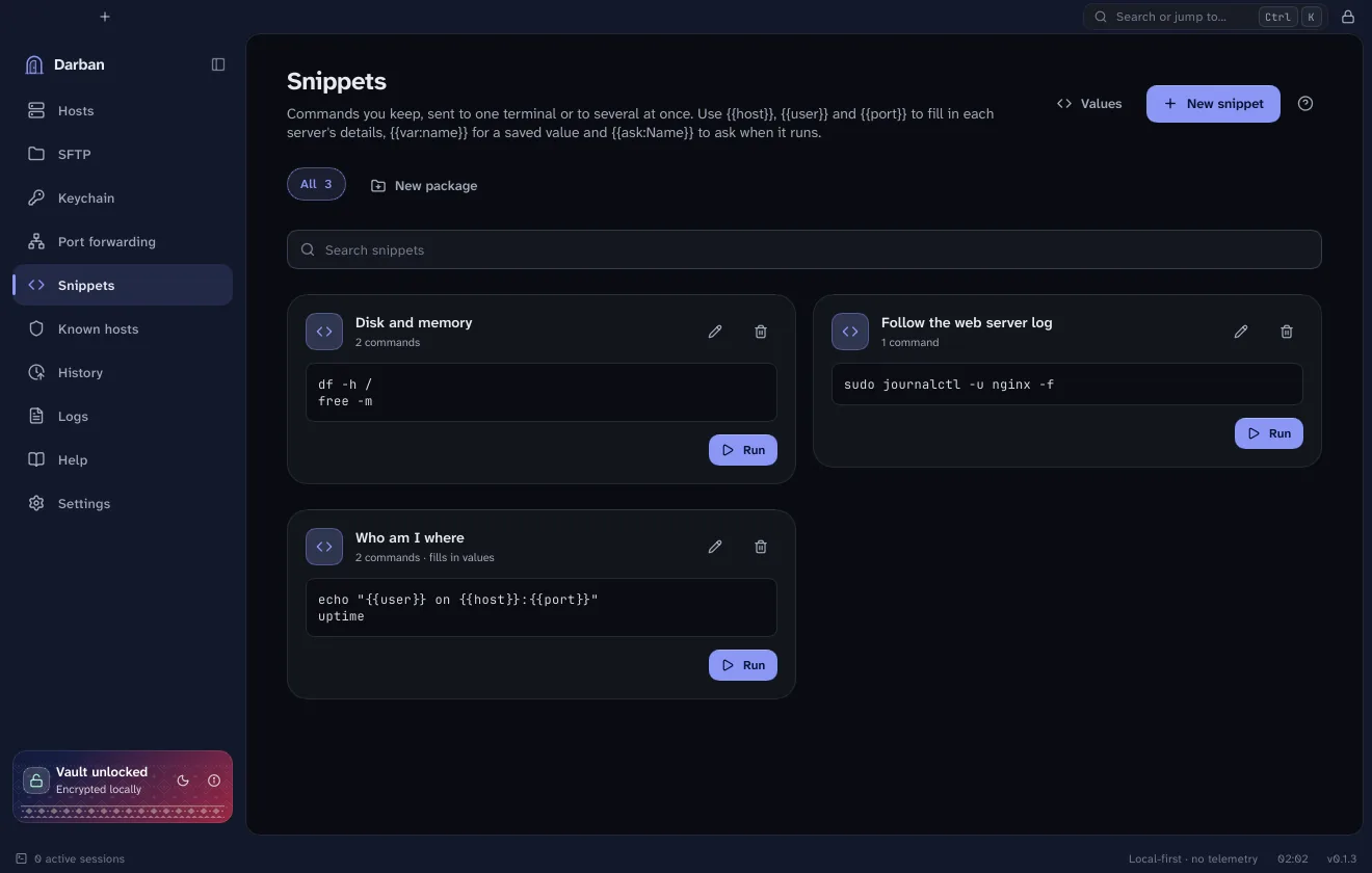 The Snippets page with three saved snippets, each with its commands and a Run button.