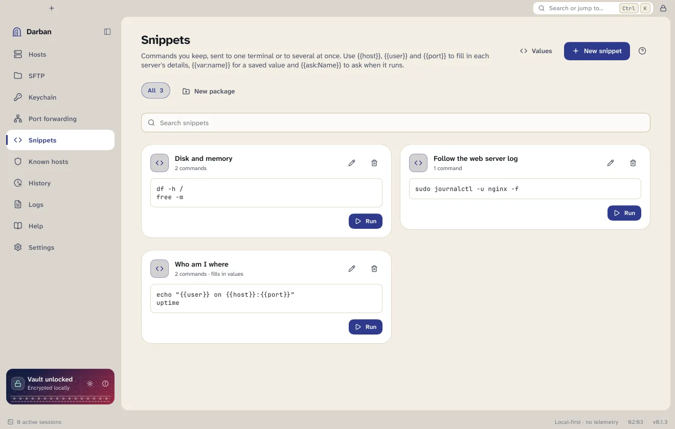 The Snippets page in the light theme.