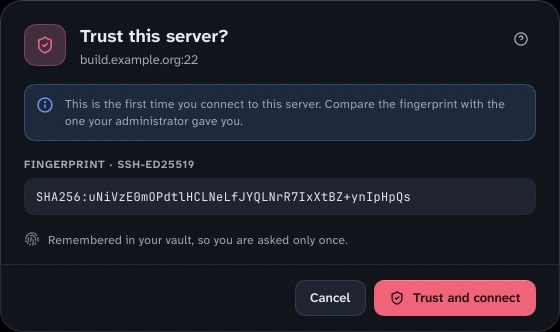 The Trust this server? dialog showing a server's fingerprint with Cancel and Trust and connect buttons.